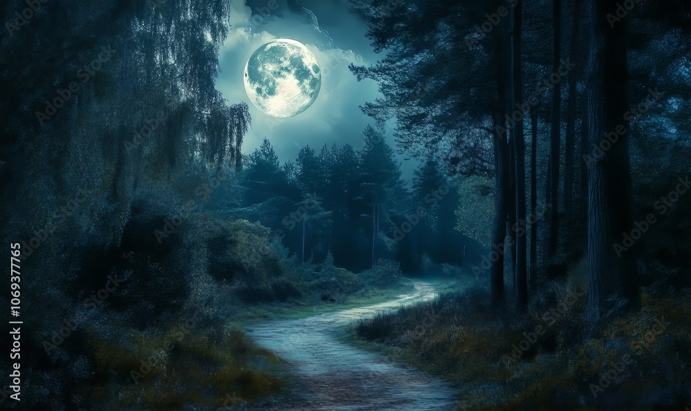 Fototapeta premium A narrow forest path with tall, dark trees on both sides, leading to a distant, bright full moon casting a silvery light on the path