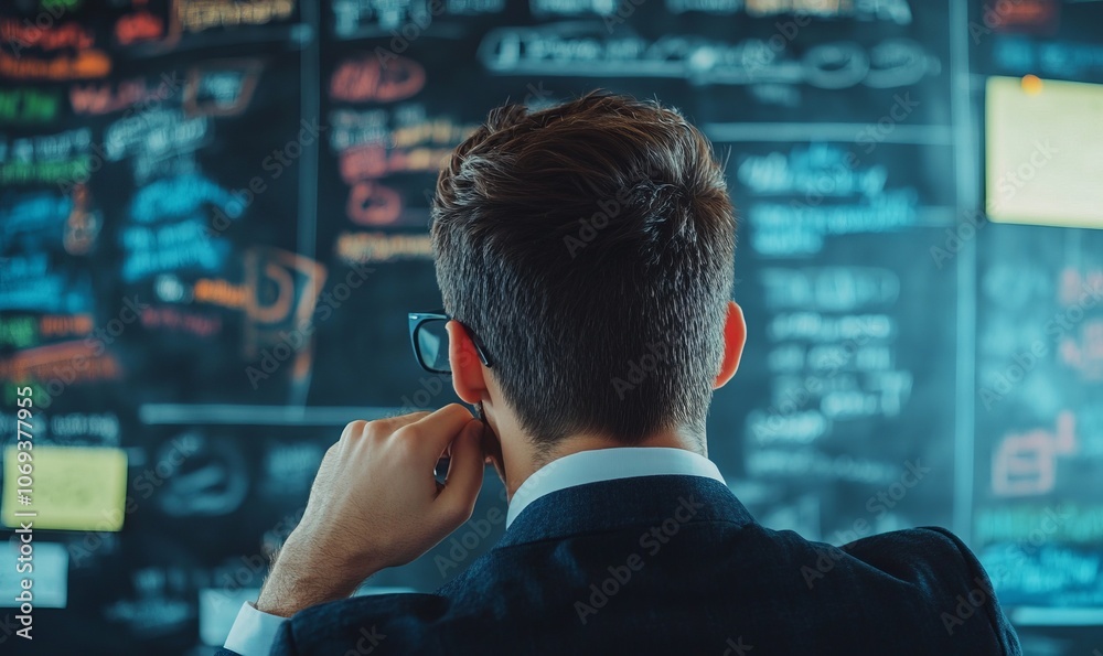 Businessman contemplating questions on chalkboard in a decision-making scenario Businessman contemplating questions on chalkboard in a decision-making scenario