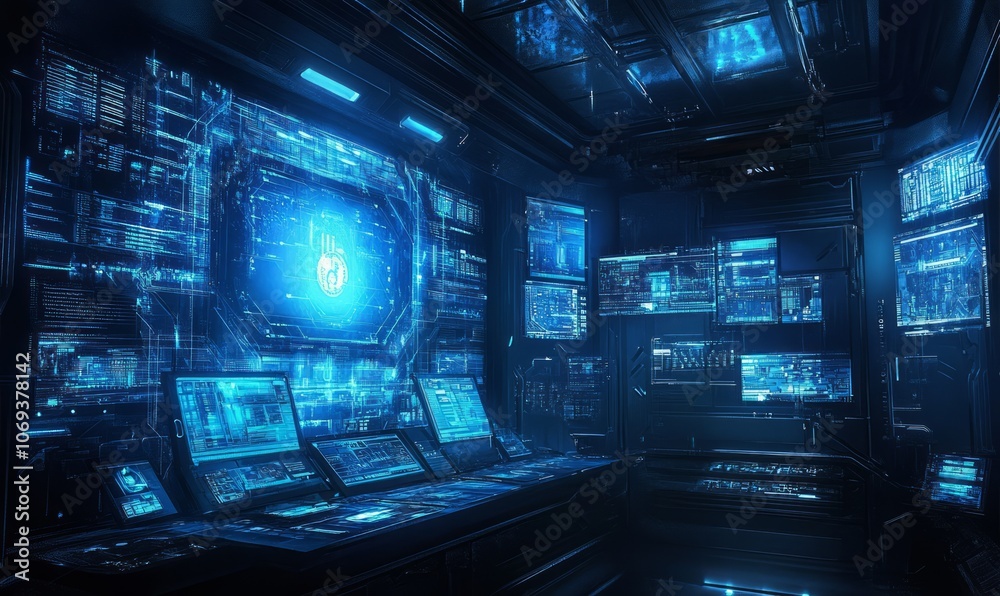 Floating holographic data displays, futuristic command center, dark tech environment, glowing blue tones Floating holographic data displays, futuristic command center, dark tech environment, glowing blue tones