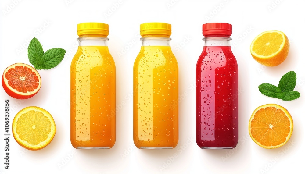 Colorful juice bottles displayed with fresh fruits on a white background Colorful juice bottles displayed with fresh fruits on a white background