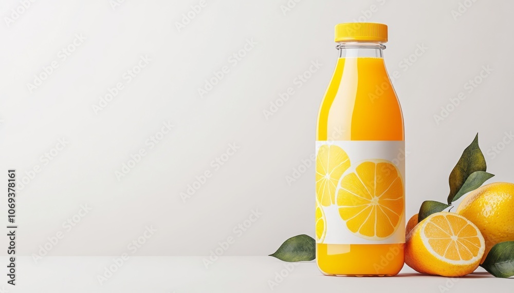 Freshly squeezed lemon juice in a bottle with whole lemons on a light background