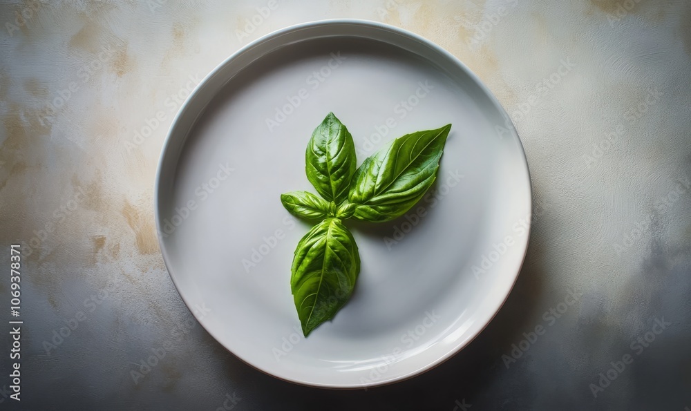 A single basil leaf rests on a white ceramic plate, illuminated by soft studio lighting that enhances its rich green color and intricate texture A single basil leaf rests on a white ceramic plate, illuminated by soft studio lighting that enhances its rich green color and intricate texture