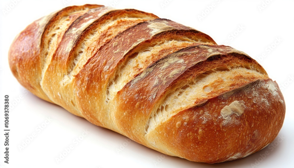 Freshly baked artisan bread loaf with golden crust on a white background Freshly baked artisan bread loaf with golden crust on a white background