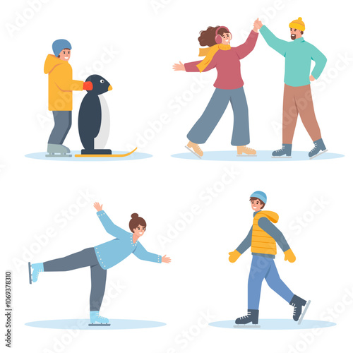 Happy people on skating rink in winter. Snowy winter season outdoor activity. Male and female Characters in warm clothes set. Vector icons illustration isolated on white background.