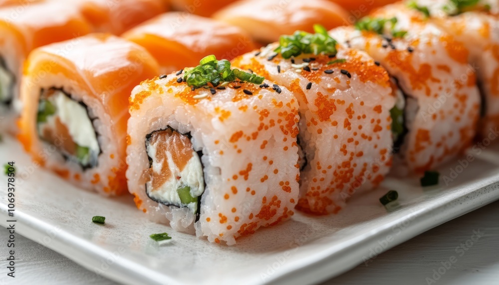 Fresh sushi rolls served on a plate, showcasing vibrant colors and textures at a restaurant Fresh sushi rolls served on a plate, showcasing vibrant colors and textures at a restaurant