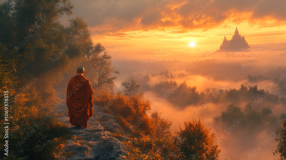 Obraz premium Buddhist monk in orange robes observing a misty sunrise over distant temple and landscape