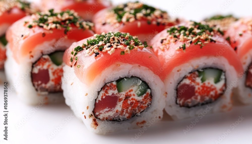 Delicious sushi rolls filled with fresh ingredients served on a white plate Delicious sushi rolls filled with fresh ingredients served on a white plate