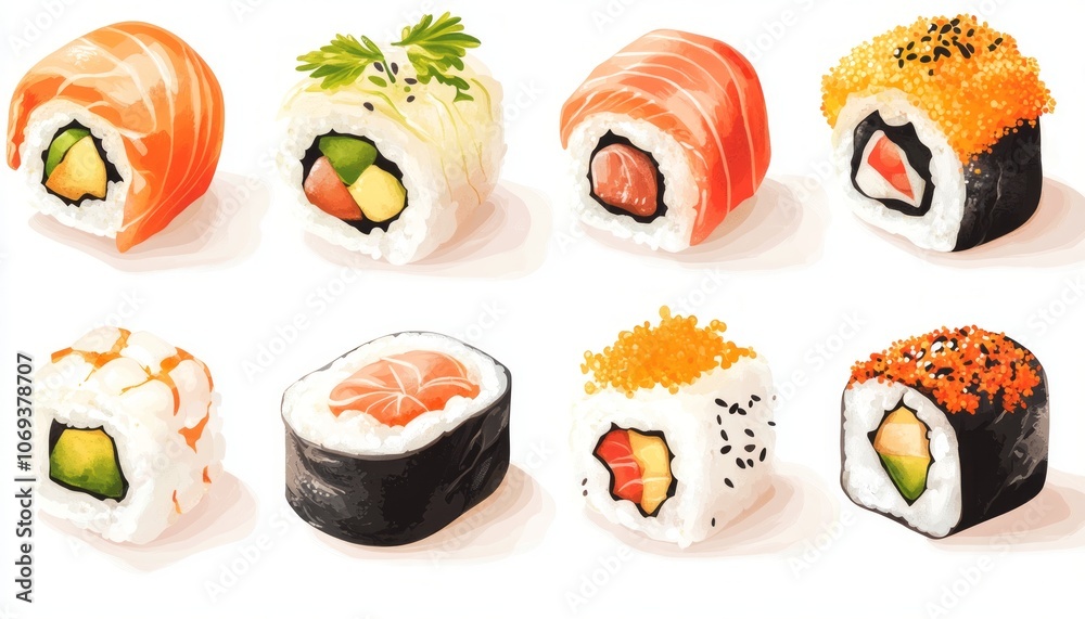 Delicious assortment of sushi rolls featuring fresh ingredients and vibrant colors Delicious assortment of sushi rolls featuring fresh ingredients and vibrant colors