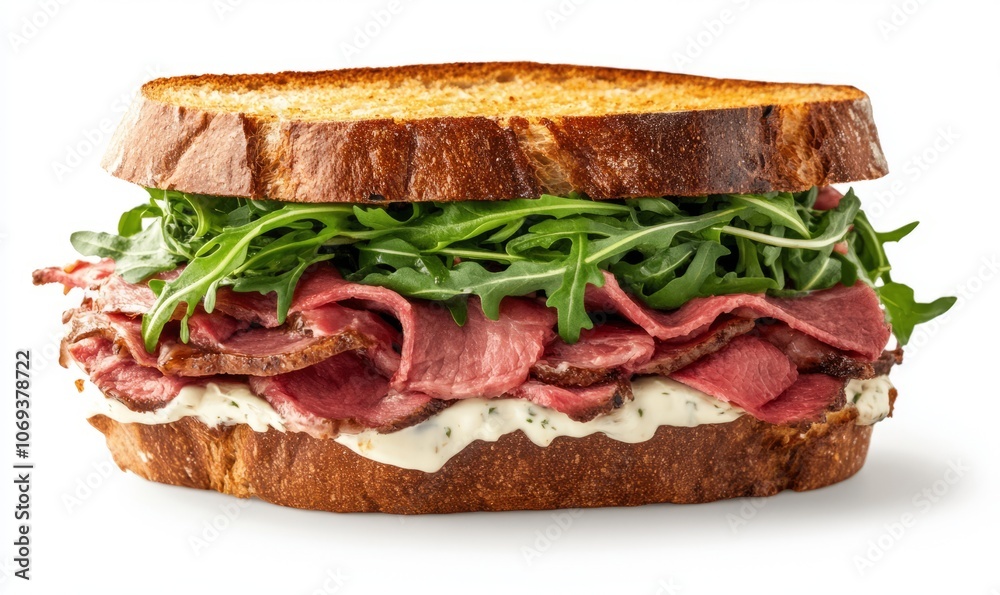 A stunning gourmet sandwich features layers of roast beef, fresh arugula, and creamy horseradish sauce, all served on perfectly toasted bread A stunning gourmet sandwich features layers of roast beef, fresh arugula, and creamy horseradish sauce, all served on perfectly toasted bread