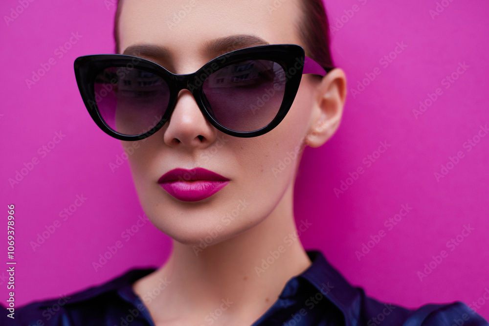 Fashion beauty portrait of a stylish woman wearing oversized black cat eye sunglasses and vibrant magenta lipstick against a bold pink background, exuding a modern, chic vibe. Eye wear fashion Fashion beauty portrait of a stylish woman wearing oversized black cat eye sunglasses and vibrant magenta lipstick against a bold pink background, exuding a modern, chic vibe. Eye wear fashion