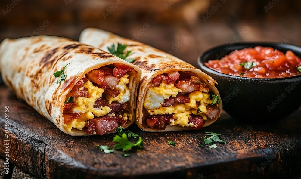 A vibrant bacon and egg burrito cut in half showcases layers of crispy bacon, fluffy scrambled eggs, and melted cheese next to a bowl of rich salsa on a rustic wooden board A vibrant bacon and egg burrito cut in half showcases layers of crispy bacon, fluffy scrambled eggs, and melted cheese next to a bowl of rich salsa on a rustic wooden board