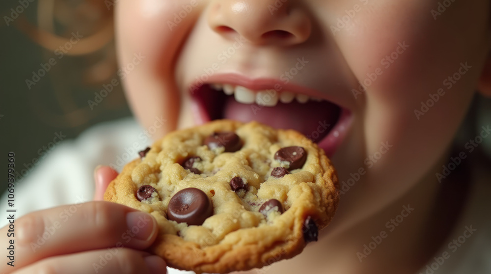 A child joyfully indulging in a chocolate chip cookie during snack time A child joyfully indulging in a chocolate chip cookie during snack time