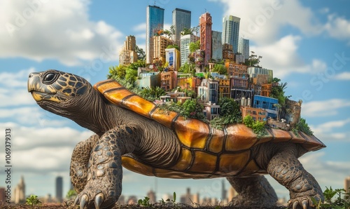 A massive turtle carries vibrant city on its back, showcasing natures harmony photo