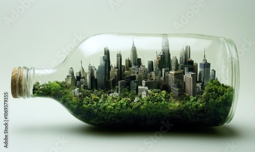 A metropolis enclosed in bottle symbolizes urban life and natures