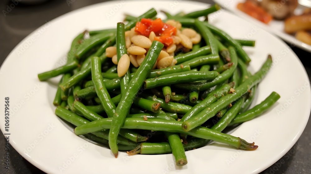 Stir-fried green beans with garlic and chili on white plate. Asian style food. Stir-fried green beans with garlic and chili on white plate. Asian style food.