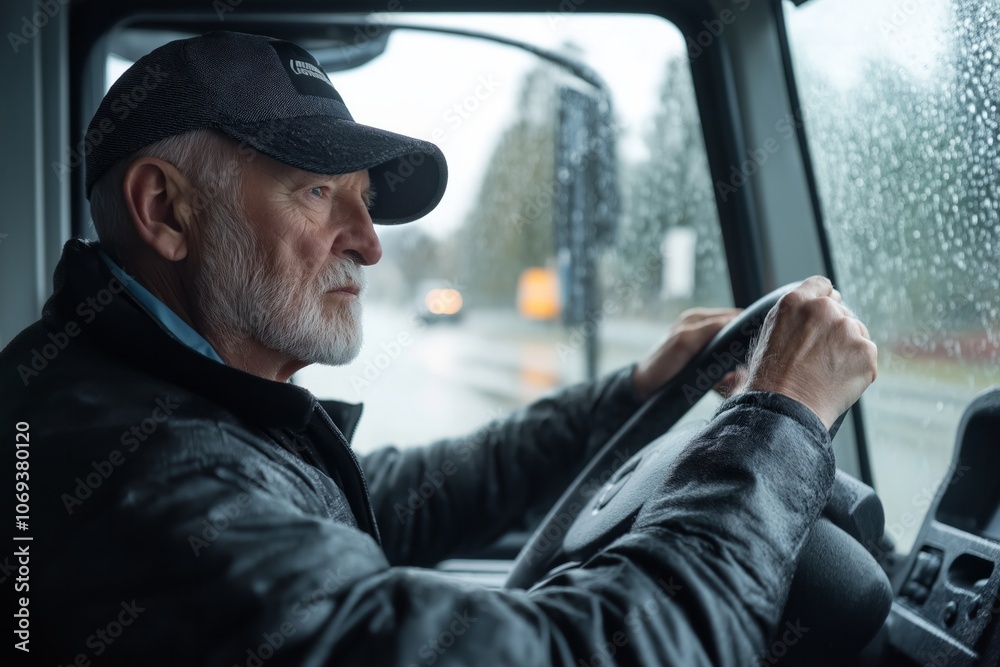 Bearded man in a cap driving a truck on a rainy day with raindrops on the window. Concept of professional driving and transportation Bearded man in a cap driving a truck on a rainy day with raindrops on the window. Concept of professional driving and transportation