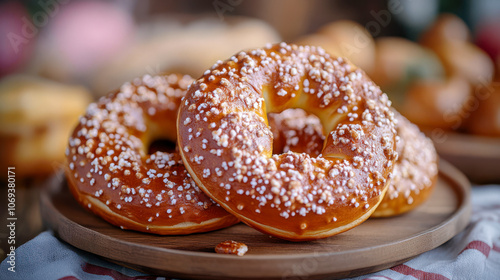 Freshly baked pretzels with coarse salt on a wooden plate in warm lighting