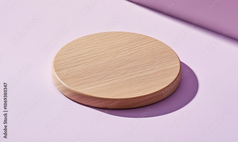 A round wooden coaster featuring a light oak finish is centered on a smooth lavender surface, highlighting its natural wood grain and offering ample copy space to the right A round wooden coaster featuring a light oak finish is centered on a smooth lavender surface, highlighting its natural wood grain and offering ample copy space to the right