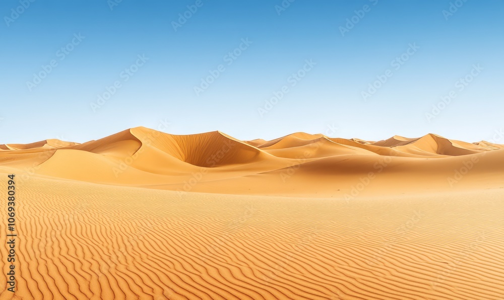 Expansive Golden Sand Dunes in a Vast Desert Landscape Under a Clear Sky During Midday Expansive Golden Sand Dunes in a Vast Desert Landscape Under a Clear Sky During Midday