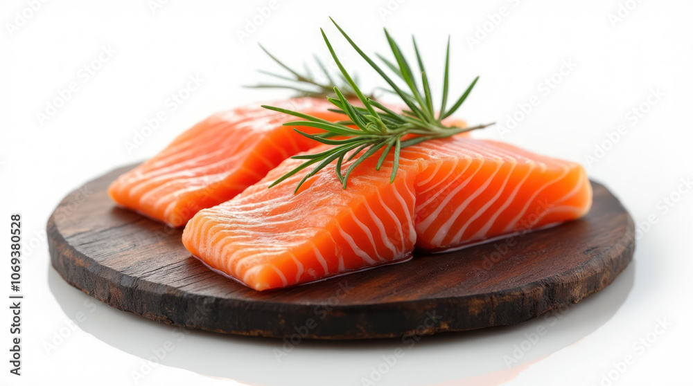 Fresh salmon fillets with herbs arranged on a wooden board on white background Fresh salmon fillets with herbs arranged on a wooden board on white background