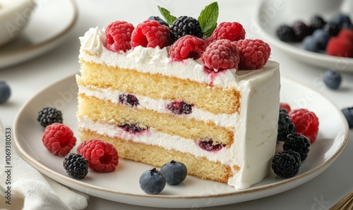 A slice of vanilla cake with fresh berries and whipped cream