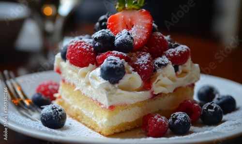 A slice of vanilla cake with fresh berries and whipped cream