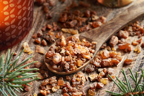 Fototapeta Myrrh resin on a spoon  - ingredient for essential oils production