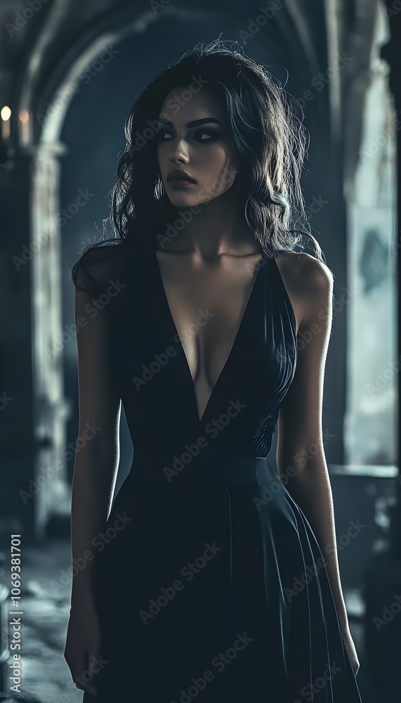 Fototapeta premium Mysterious woman in a black dress with a V-neck