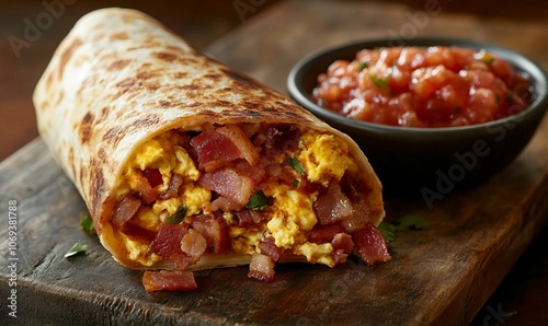 A vibrant bacon and egg burrito cut in half showcases layers of crispy bacon, fluffy scrambled eggs, and melted cheese next to a bowl of rich salsa on a rustic wooden board