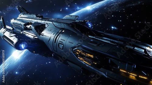 A futuristic spacecraft gracefully soaring in orbit around a distant planet,