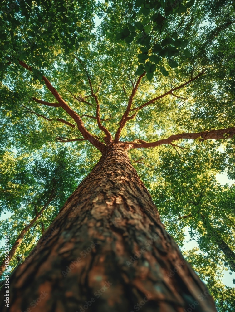 Naklejka premium Wide tree trunk with bright green canopy from below