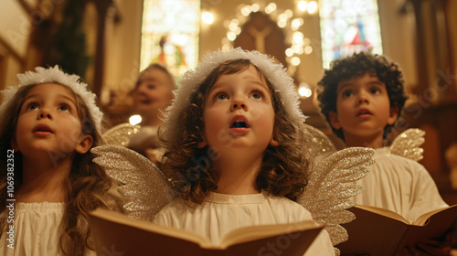 A group of children dressed as angels singing Christmas carols in a church during a holiday service.