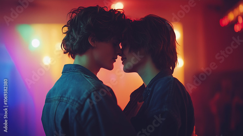 Obraz na płótnie young gay couple LGBT hugging share love together in a retro nightclub bar at night with rainbow-colored lights w salonie