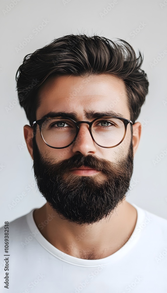 Portrait of a man with a distinctive beard and glasses on white background Portrait of a man with a distinctive beard and glasses on white background