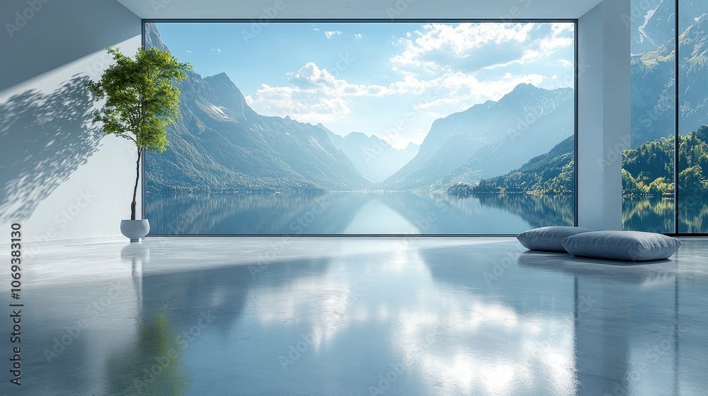 Fototapeta premium Stunning View of Mountain Lake in Modern Interior Setting