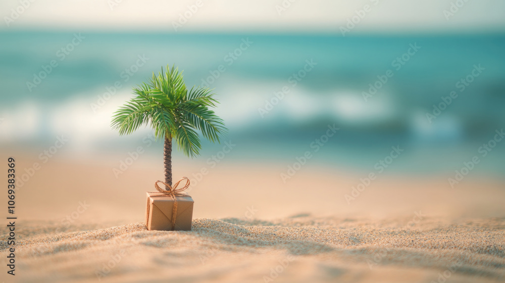 Obraz premium A playful image of a small palm tree growing out of a gift-wrapped box embedded in the sand by the seaside, embodying a whimsical sense of surprise and nature.