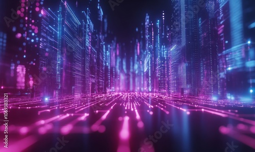 Wallpaper Mural Financial blockchain, neon light beams, futuristic connection network, digital data transfer Torontodigital.ca