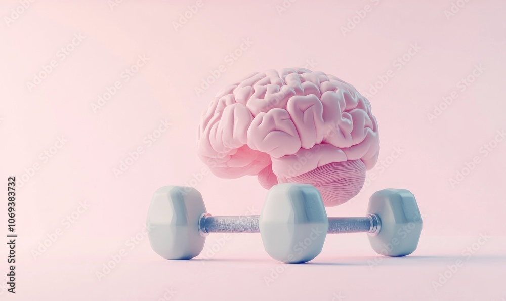 Concept of exercise for the brain, the brain is engaged in lifting dumbbells on a light background, education, brain power, high IQ Concept of exercise for the brain, the brain is engaged in lifting dumbbells on a light background, education, brain power, high IQ