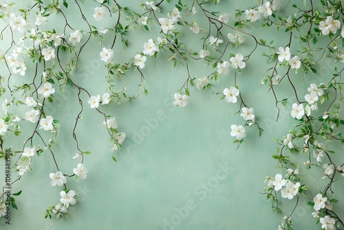 Fond vert menthe avec vignes florales blanches pour une inspiration printanière.. photo