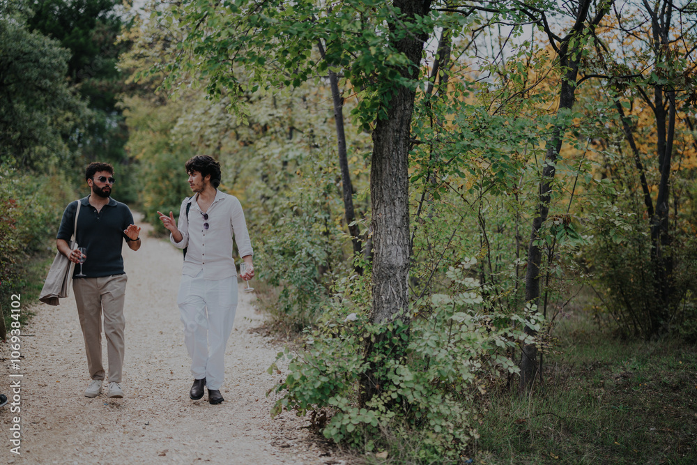 Two friends are walking and talking along a forest path, surrounded by lush greenery and trees. They seem relaxed and engaged in conversation, appreciating nature's beauty in a calm setting. Two friends are walking and talking along a forest path, surrounded by lush greenery and trees. They seem relaxed and engaged in conversation, appreciating nature's beauty in a calm setting.