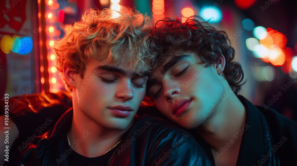 young men gay couple LGBT share love together with one resting their head on their boyfriend's shoulder in the street at night with red and green neon lights