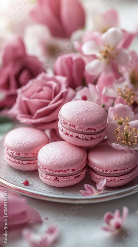 Delicate pink macarons arranged on a plate surrounded by fresh tulips in springtime setting