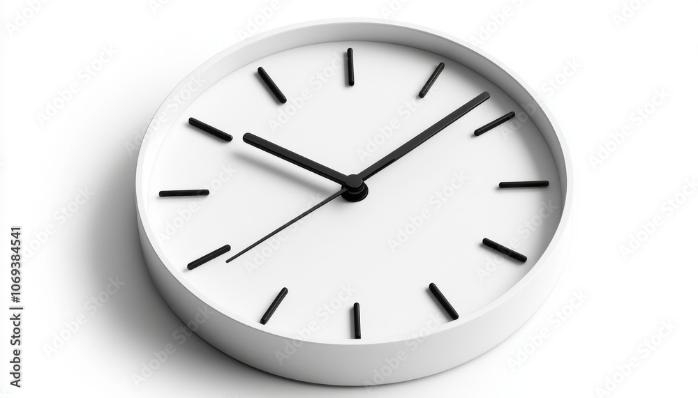 Simple wall clock showing the time in a minimalist design on a white background Simple wall clock showing the time in a minimalist design on a white background