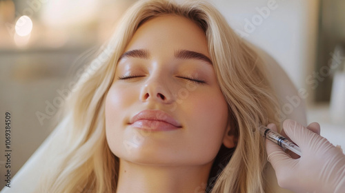 image en gros plan d'une femme blonde, les yeux fermés, assise droite sur une chaise d'esthétique clinique dans un cadre médical propre et professionnel. une peau lisse et une mâchoire définie 