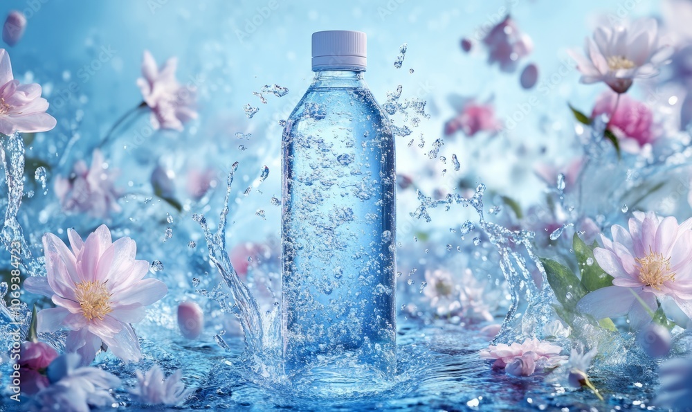 Bottle of water surrounded by flowers and splashes, soft blue theme Bottle of water surrounded by flowers and splashes, soft blue theme