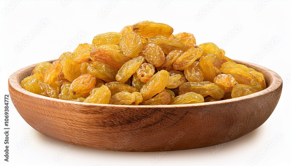 Golden yellow raisins in wooden bowl front view isolate on White background Golden yellow raisins in wooden bowl front view isolate on White background