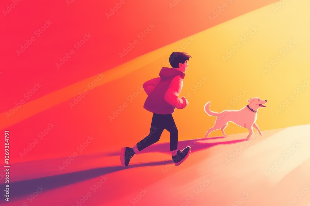 Obraz premium tech illustration, boy running with dog, simple minimal.AI Generation