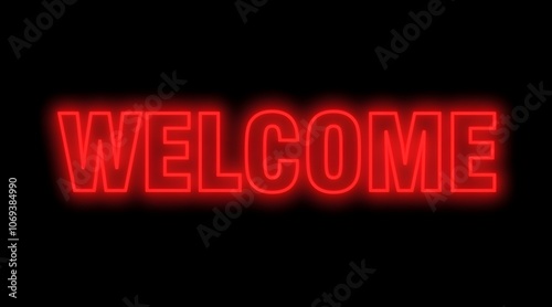 Red neon sign on black background spelling welcome