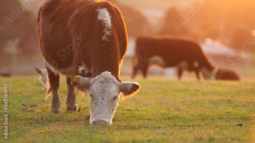 beautiful cattle in Australia  eating grass, grazing on pasture. Herd of cows free range beef being regenerative raised on an agricultural farm. Sustainable farming 