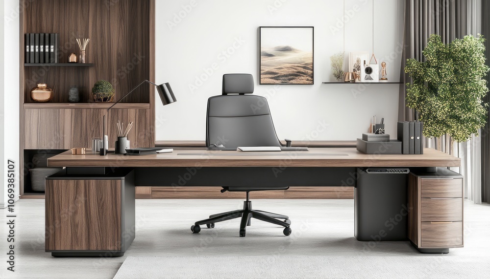 Modern office interior with a sleek wooden desk and ergonomic chair in a bright space Modern office interior with a sleek wooden desk and ergonomic chair in a bright space